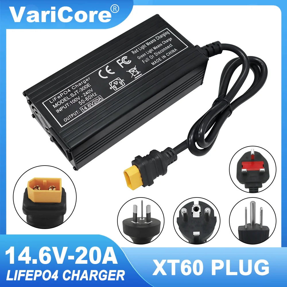VariCore 14.6V 20A Smart LiFePO4 Battery Charger — 110-220V High-Power 4S 12V Charger for Lithium Iron Phosphate Packs