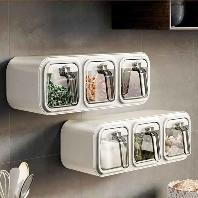 Kitchen Wall Mount Spice Rack Organizer Set - Spice Boxes, Sugar Bowl, Salt Shaker, and Seasoning Container for Efficient Storage