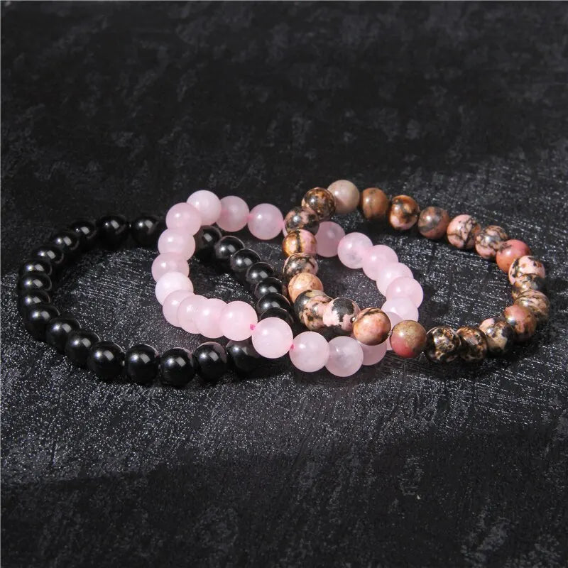 3Pcs Natural Stone Bracelet Set: 8mm Rhodonite, Rose Quartz, Amethysts, Hematite - Unisex Jewelry for Women & Men