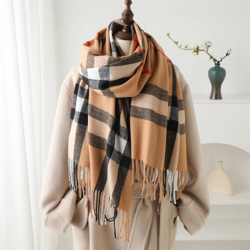 Luxury Brand Winter Plaid Cashmere-Like Blanket Scarf - Thick Warm Pashmina Shawl Wrap with Tassels, Poncho Stoles Echarpe