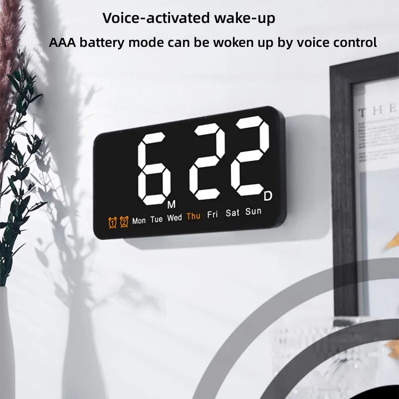 Voice Control Large Digital Wall Clock – LED Display with Temperature, Date, Week, DST, Snooze, Dual Alarm, 12/24H, Wall-Mounted or Table Use