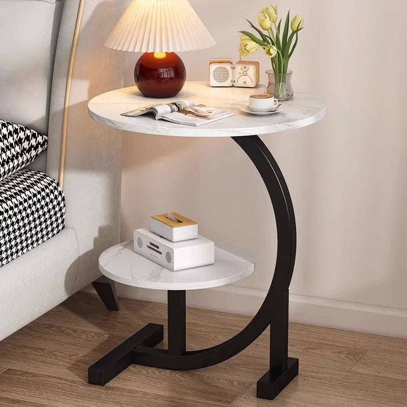 Modern Iron & Wood Side Table with White Marble Top – Storage Shelf, Space-Saving Nightstand for Bedroom & Living Room