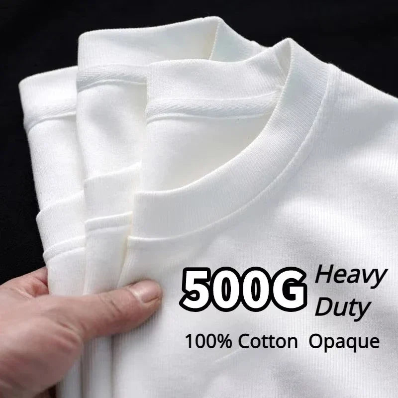 Heavyweight 100% Cotton T-Shirt - Thick Knit Round Neck Short Sleeve Tee 500/300g