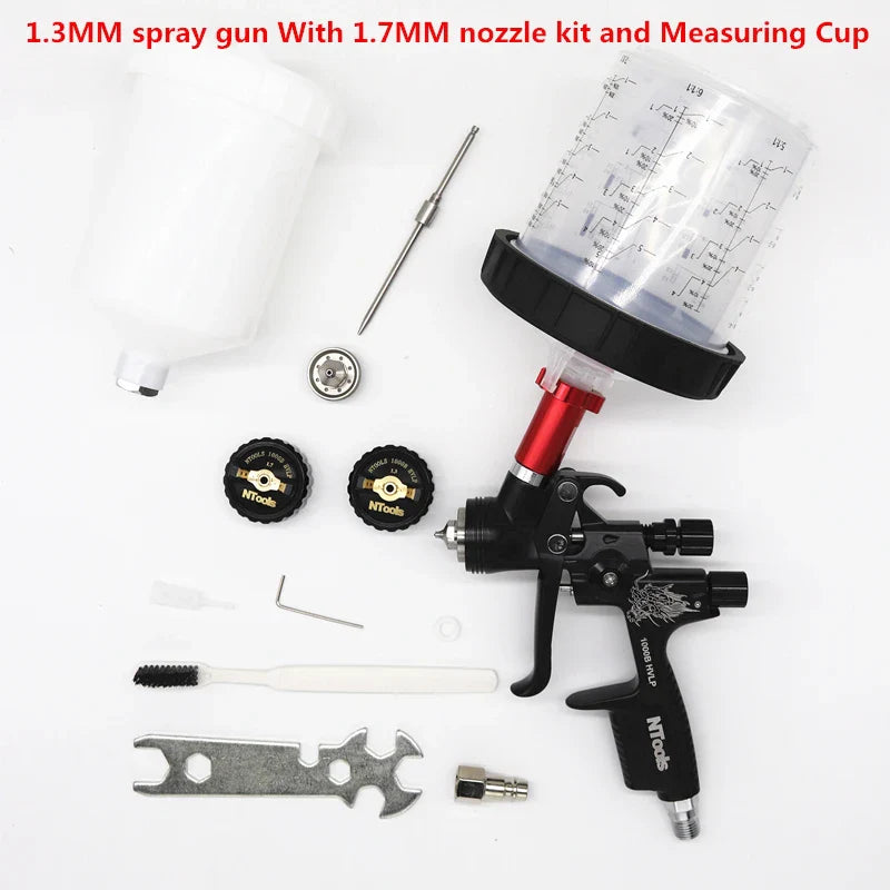 HVLP Spray Gun with Adapter & Mix Tank — 1.3mm & 1.7mm Nozzles for Car Painting, Water-Based Air Spray Gun