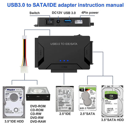 USB 3.0 to SATA IDE Adapter Cable – 3-in-1 Converter for 3.5/2.5 inch HDD/SSD, CD/DVD ROM, CD-RW