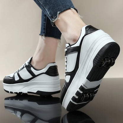 Four-Wheel Roller Shoes for Boys & Girls – Casual Outdoor Sports Sneakers with Pulleys, Slide & Shrink School Walking Shoes