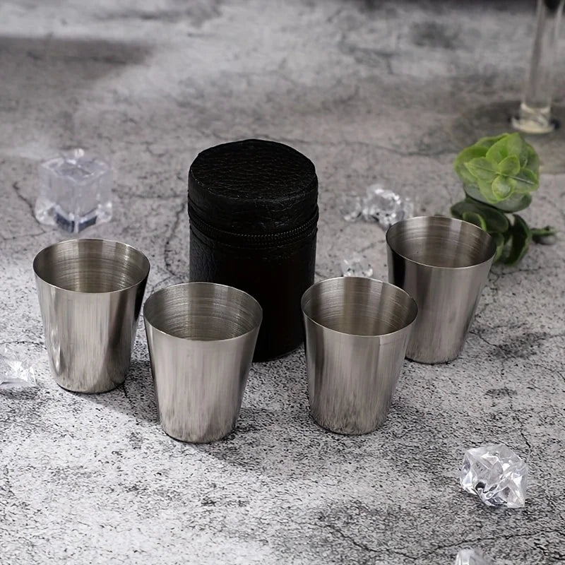 Outdoor Camping Stainless Steel Water Glass Set with Leather Case - Practical Travel Whiskey & Wine Glasses (4-piece, 30ml)