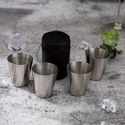 Outdoor Camping Stainless Steel Water Glass Set with Leather Case - Practical Travel Whiskey & Wine Glasses (4-piece, 30ml)