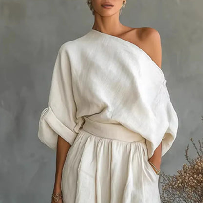 Women’s Elegant 2-Piece Set – Skew Collar Long Sleeve Top & Casual Pants, Sexy Hollow-Out Solid Outfit for Spring & Fall