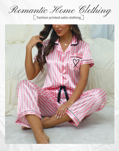 Women’s Satin Striped Pajama Set – Victorian Style Top & Pants Autumn Sleepwear Loungewear