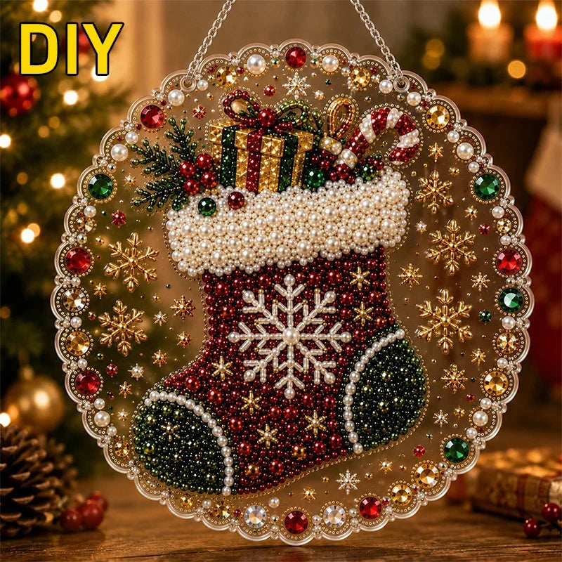 Christmas Pearl Diamond Painting Suncatcher Kit - DIY Acrylic Round Bead Craft for Wall & Window Decor