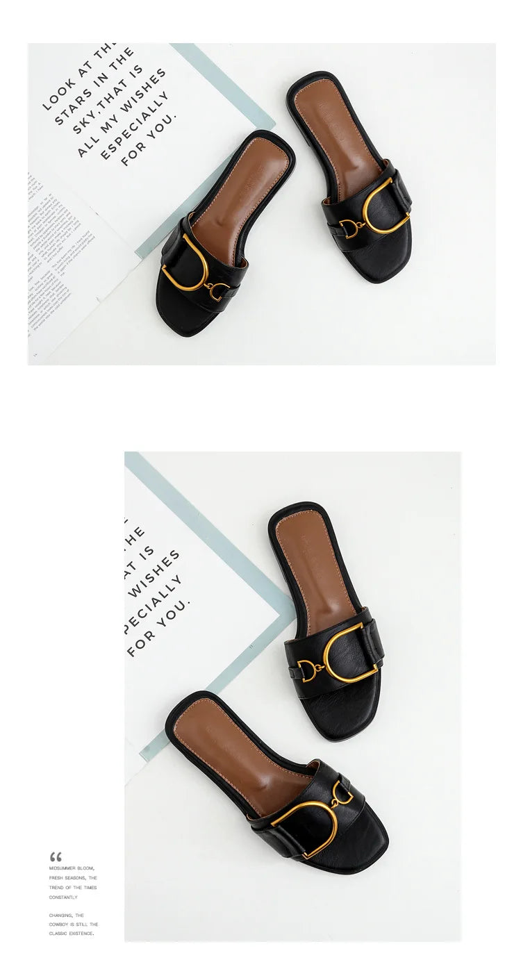 Women’s Flat Slippers — Summer Leather Square Toe Flats, Designer Slides & Luxury Sandals