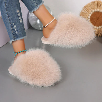 Women’s Winter Fashion Fur Slippers – Fluffy Plush Luxury Outdoor Non-Slip Flat Slides