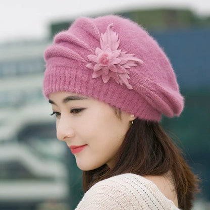 Women’s Winter Flower Beret – Thick Knitted Wool Hat, Warm Autumn & Winter Mom Hat