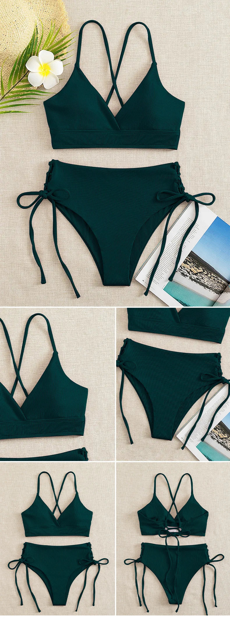 Cikini V-Neck Split Bikini Set – Sexy Lace-Up Triangular Solid Color Swimwear for Women