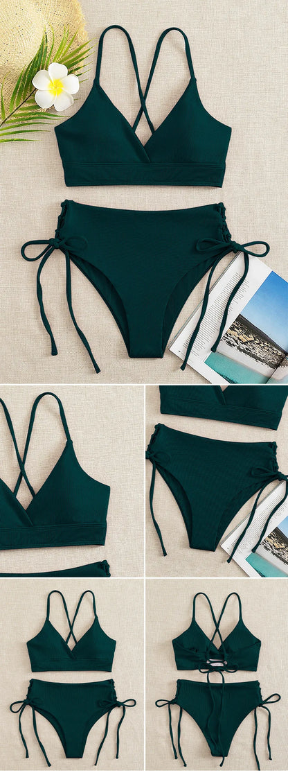 Cikini V-Neck Split Bikini Set – Sexy Lace-Up Triangular Solid Color Swimwear for Women