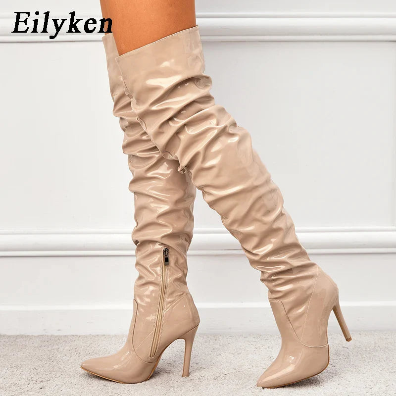 Eilyken Red Over-the-Knee Stiletto Boots for Women – Patent Leather Pointed Toe High Heel Zip-Up Shoes