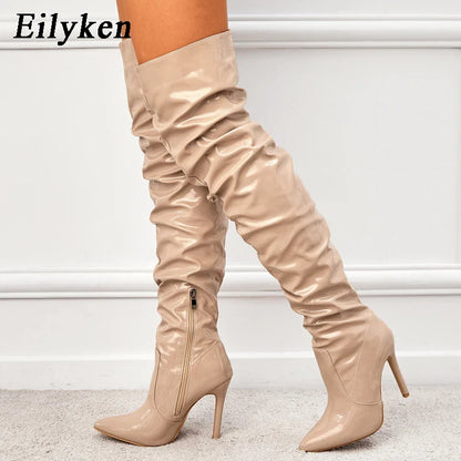 Eilyken Red Over-the-Knee Stiletto Boots for Women – Patent Leather Pointed Toe High Heel Zip-Up Shoes