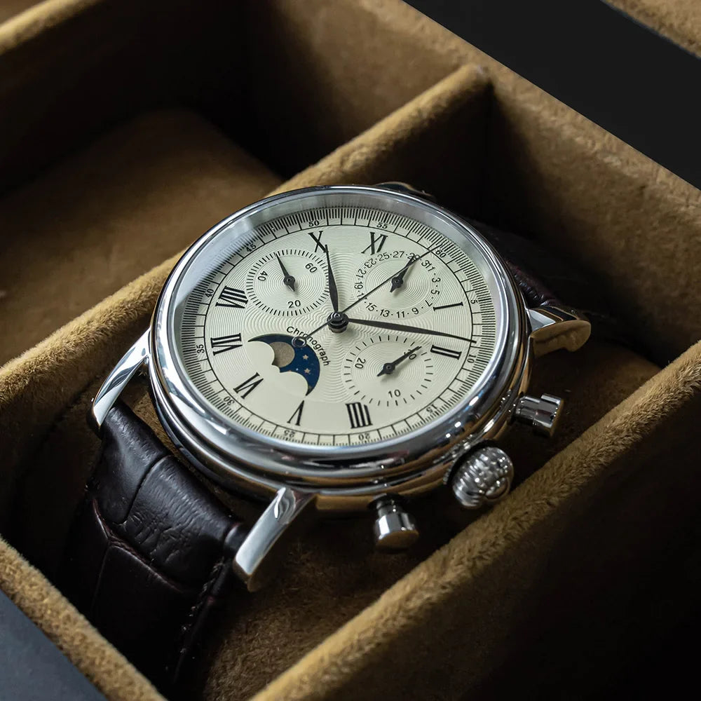 Sugess ST1908 Mechanical Chronograph Watch for Men – Swan Neck Movement, Moonphase Calendar, Vintage Leather Strap, 2023 Model