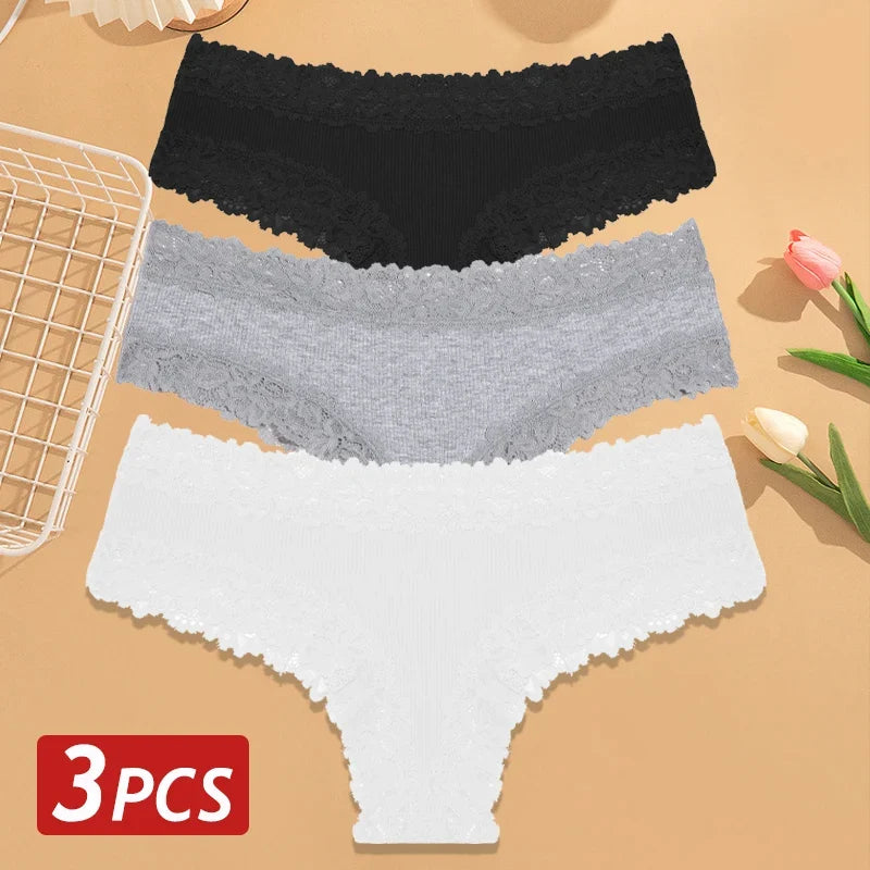 3PCS Women’s Cotton Lace Panties Set - Low Waist Brazilian Bikini Underwear Soft Floral Lingerie T-Back Style