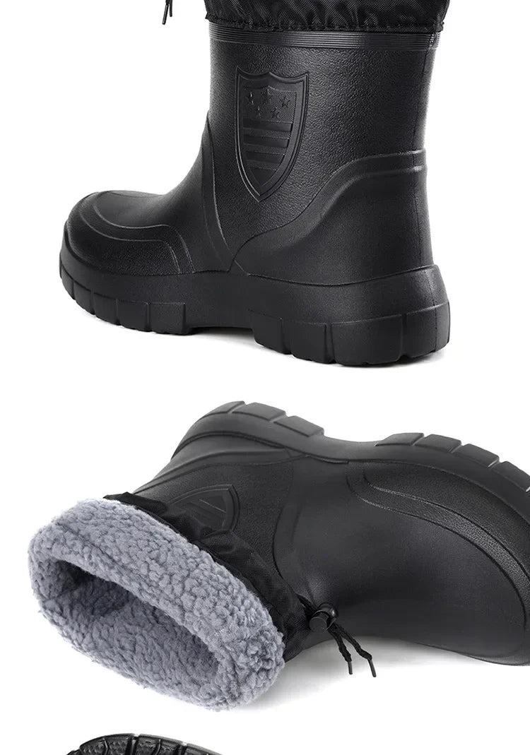 Winter Windproof Cotton Rain Boots for Men, Warm Waterproof Ankle Rain Shoes, Slip-On Fashion Work Boots, 2024