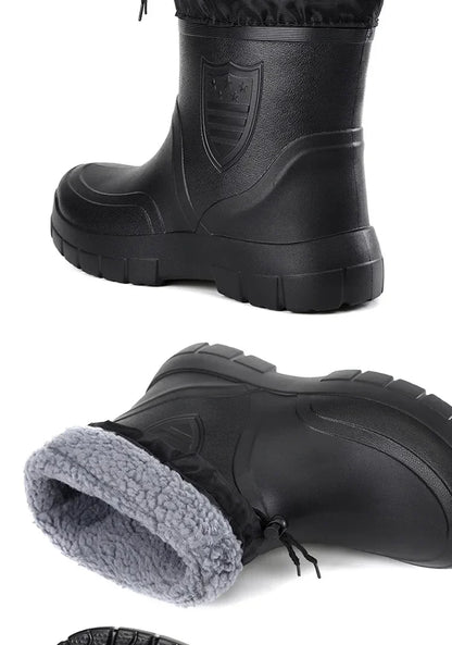 Winter Windproof Cotton Rain Boots for Men, Warm Waterproof Ankle Rain Shoes, Slip-On Fashion Work Boots, 2024