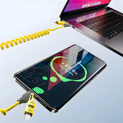 4-in-1 65W Spring Data Cable - 6A USB Type C Telescopic Quick Charger Wire for iPhone 15/14/13/12