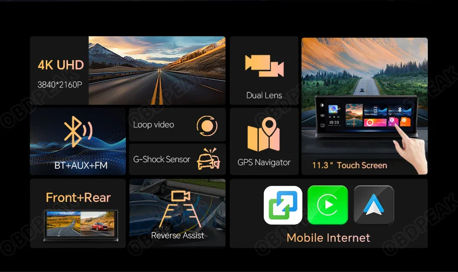 K2 Pro 11.3" 4K Dash Cam — Car DVR with Wireless CarPlay, Android Auto, 5G WiFi & GPS Navigation