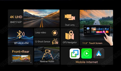 K2 Pro 11.3" 4K Dash Cam — Car DVR with Wireless CarPlay, Android Auto, 5G WiFi & GPS Navigation