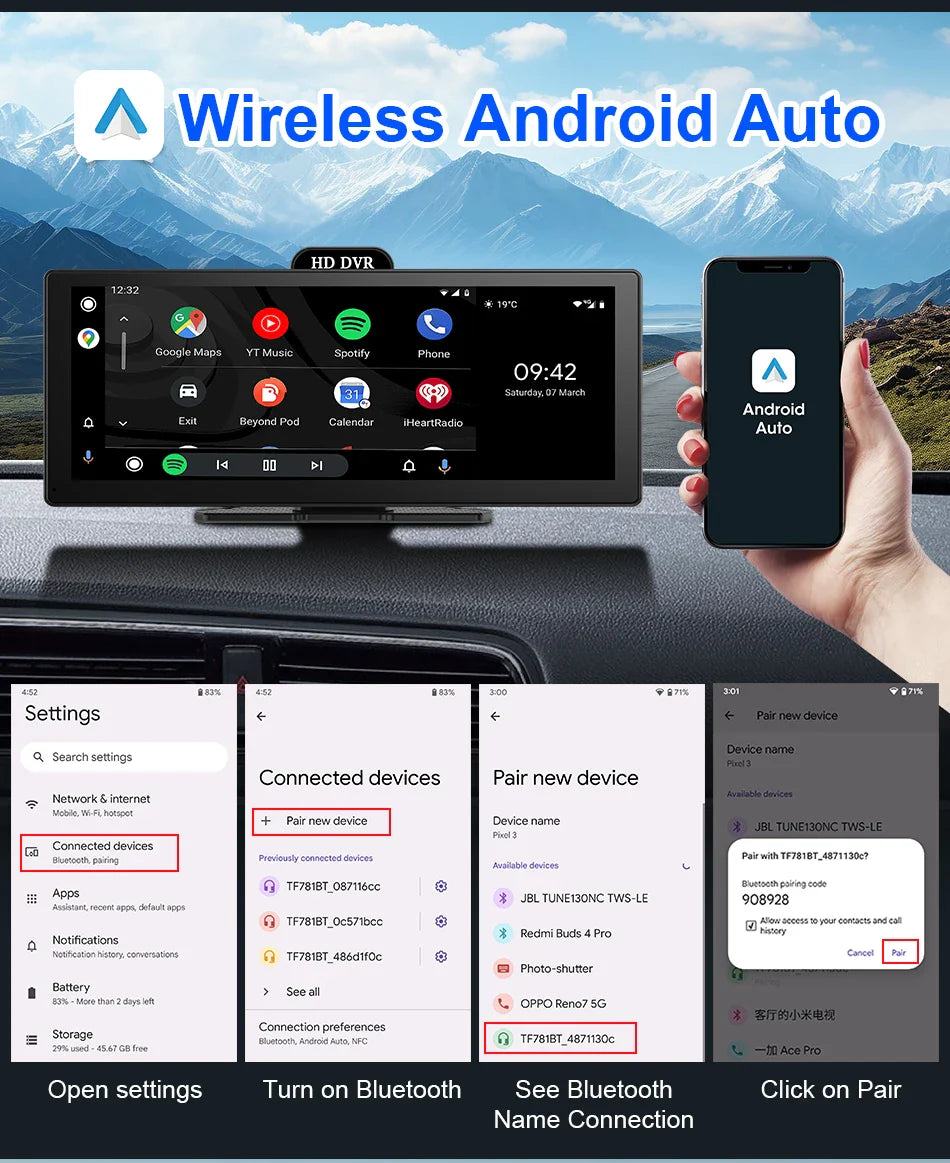 11.26-Inch 4K Dash Cam – Wireless CarPlay & Android Auto, Dual Lens DVR, Bluetooth Audio, GPS Navigation Video Recorder
