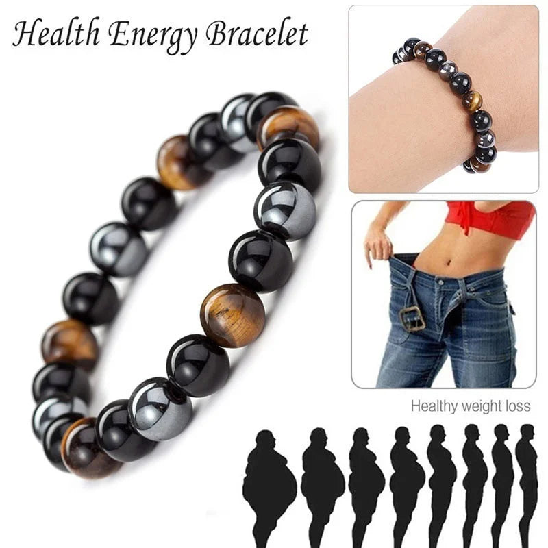 Natural Black Obsidian Hematite Tiger Eye Beaded Bracelet — Magnetic Health Protection Jewelry for Men & Women