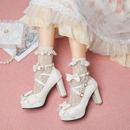 Women’s Cross Strap Mary Jane High Heels – Party, Wedding, Cosplay Lolita Pumps in White, Pink, Black, Strawberry Bow 2025