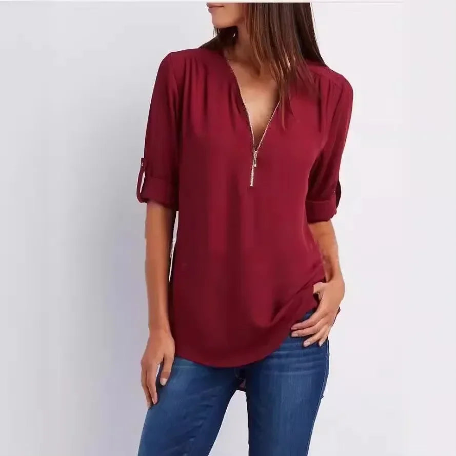Women’s 2025 Hot Sale Loose Chiffon Blouse – Deep V-Neck Casual Top with Zipper Pullover Plus Size