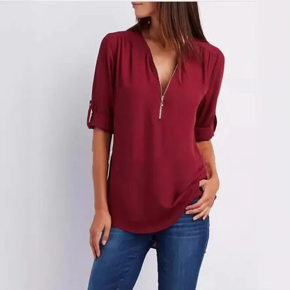 Women’s 2025 Hot Sale Loose Chiffon Blouse – Deep V-Neck Casual Top with Zipper Pullover Plus Size