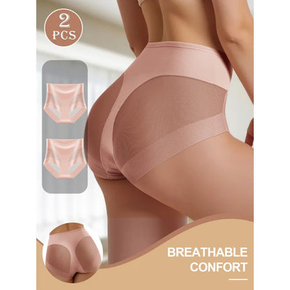 2PCS Women's High Waist Seamless Briefs – Soft Breathable Mesh Underwear in Solid & Contrast Colors