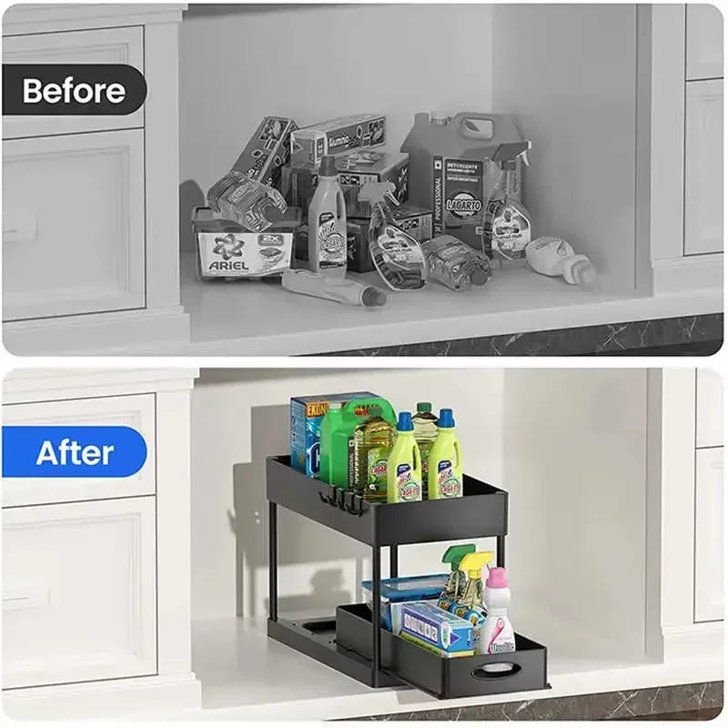 2-Tier Under Sink Organizer - Sliding Cabinet Basket with Hooks, Hanging Cup for Bathroom and Kitchen Storage