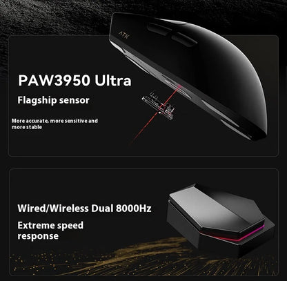 NEW ATK X1 Ultimate Wireless Gaming Mouse — PAW3950 Ultra, 8K Polling Rate, 2.4G, 0.3ms, 500mAh, 750IPS, 42,000 DPI for PC & Laptop