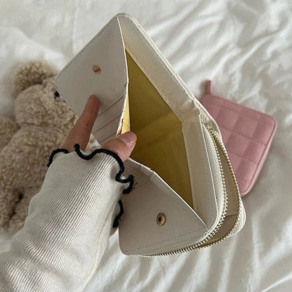 Women’s Small PU Leather Zipper Wallet with Coin Purse – Cute Plaid Mini Korean Card Holder, New Arrival