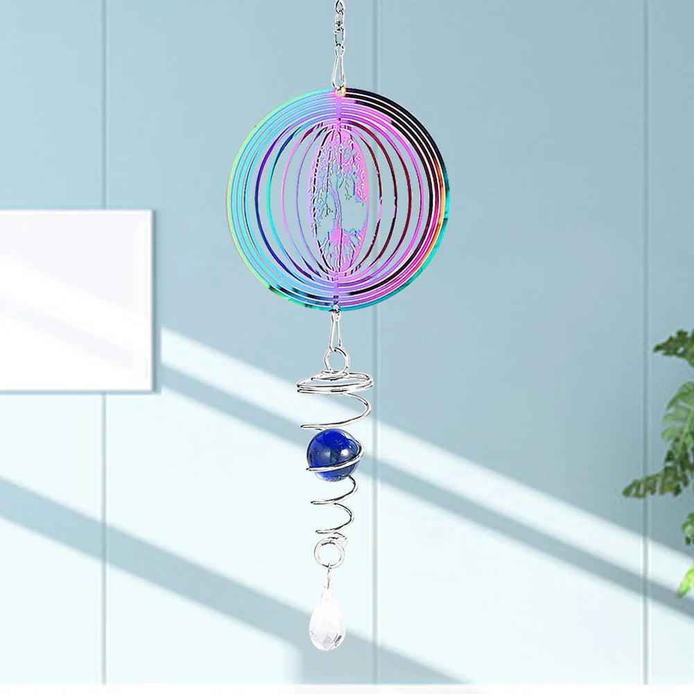 Tree of Life Wind Spinner with Gradient Spiral Tail – Hanging Garden Decor with Gazing Ball & Wind Chime Effect