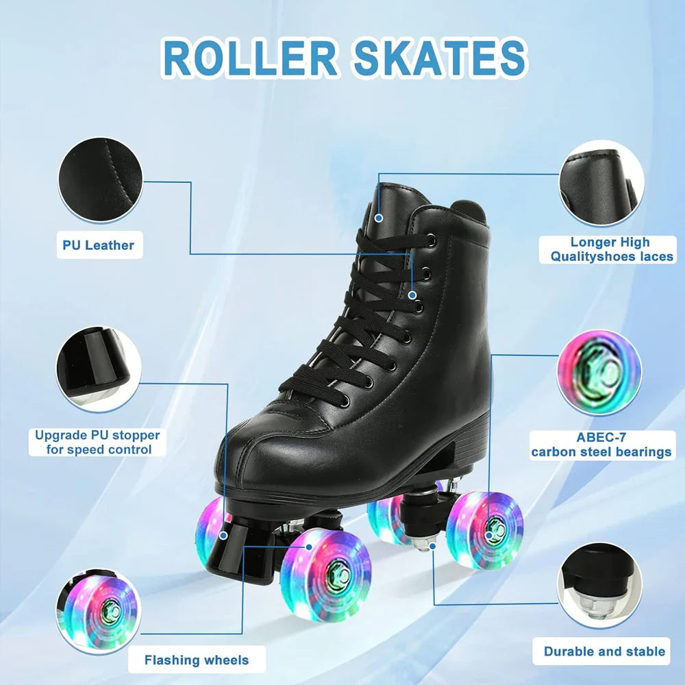 PU Leather Roller Skates – Inline & Quad Skating Shoes, Flashing 4-Wheel Sneakers, Europe Size, Training & Fun
