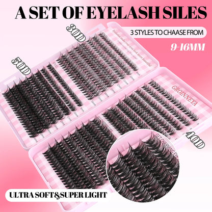 GROINNEYA DIY Mixed Lash Clusters Set – Fluffy Individual Lash Extensions Kit with Bond & Seal for At-Home Makeup
