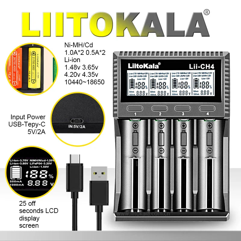 LiitoKala Lii-CH4 Smart Battery Charger – 4-Slot Fast USB-C Charging for 18650/21700/26650/AA/AAA Ni-MH & Li-Ion with Auto Detect