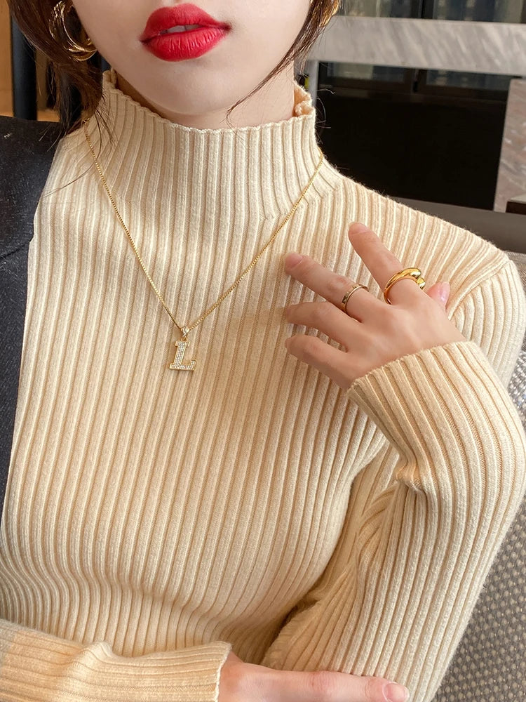 Elegant Women's Turtleneck Sweater - Slim Fit Long Sleeve Knit Pullover in Solid Colors, Korean Chic Fashion