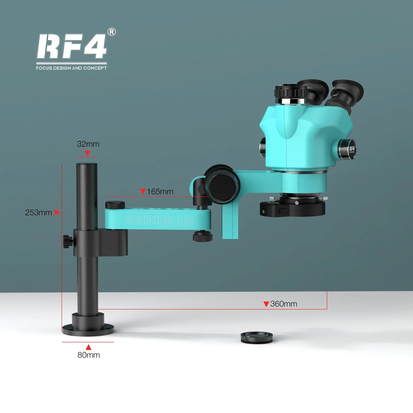 RF4 Trinocular Stereo Microscope Set – 360° Rotation Articulating Arm Stand, Phone Soldering & PCB Repair, Model RF7050TVPRO-F019
