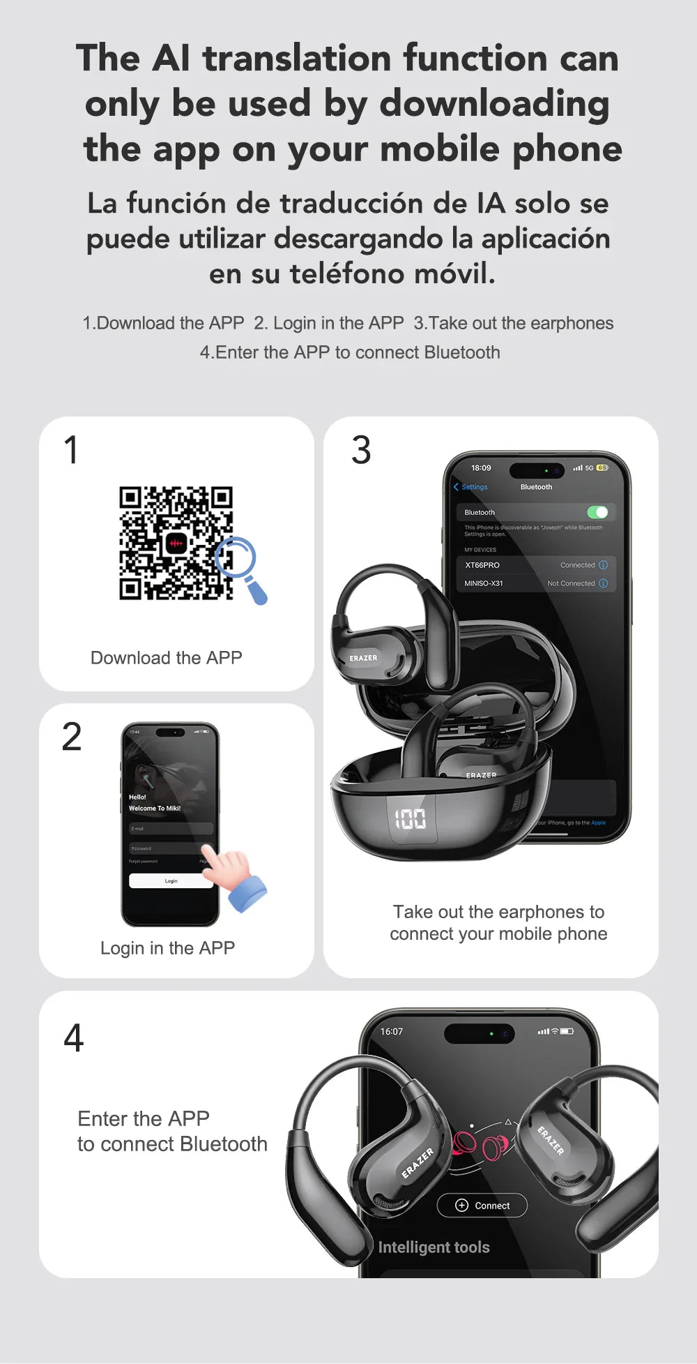 ERAZER XT66PRO Bluetooth Earphones – ASMR Headsets, DIY App, AI Translator, Wireless Earbuds with 13-Hour Battery Life & Display