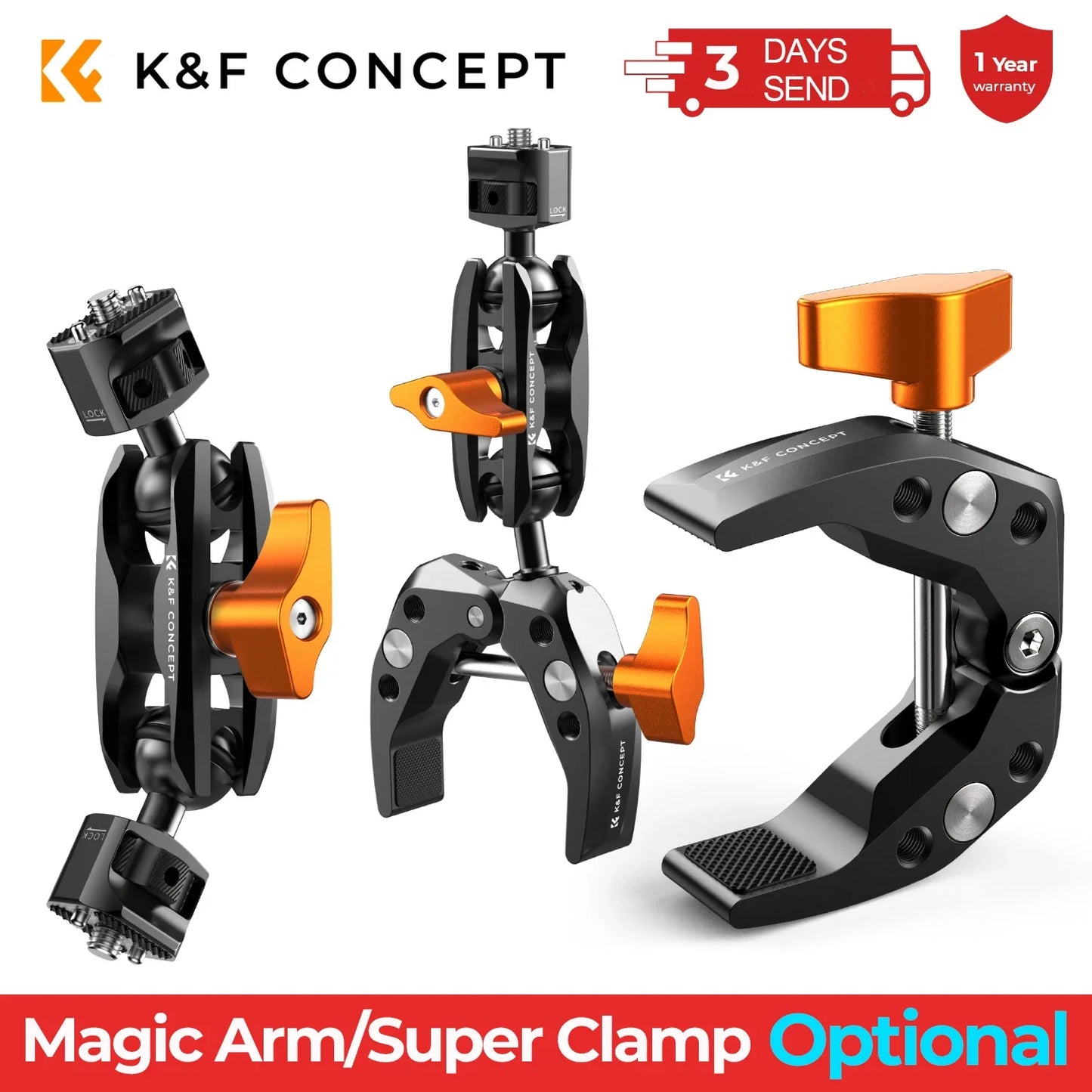 K&F Concept Multi-Functional Super Clamp with Double 360° Ball Head Magic Arm for GoPro, Insta360, DJI Osmo Action Camera, and Phone