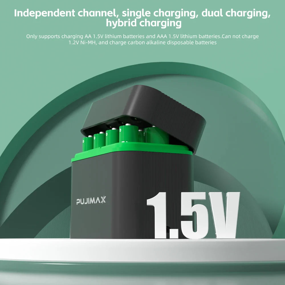 PUJIMAX Smart AA/AAA Lithium Battery Charger – Charges 4 AA + 4 AAA Rechargeable Li-ion Batteries with High Capacity Set