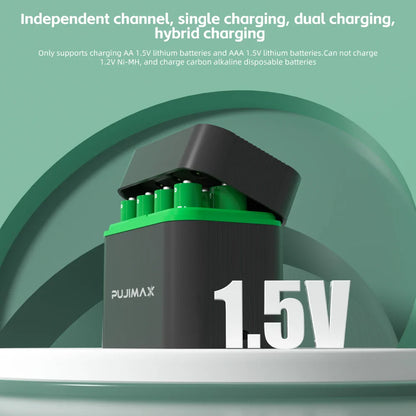 PUJIMAX Smart AA/AAA Lithium Battery Charger – Charges 4 AA + 4 AAA Rechargeable Li-ion Batteries with High Capacity Set