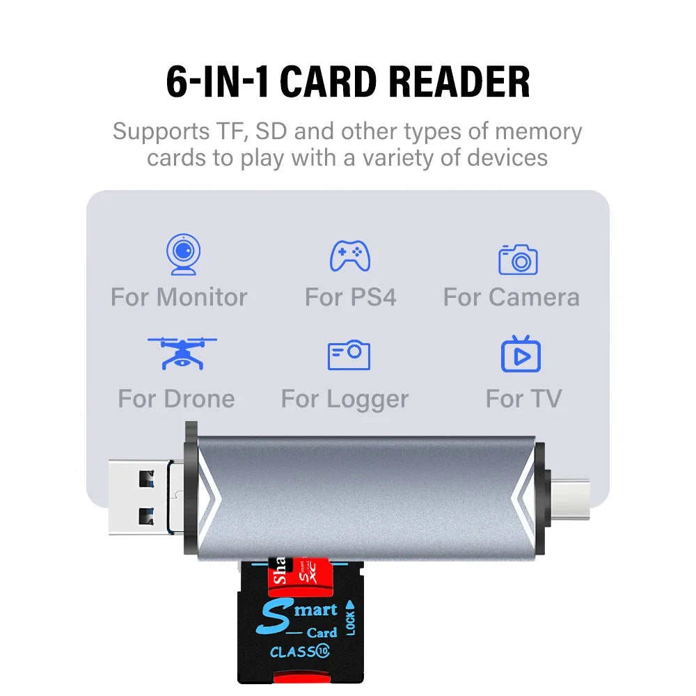 JASTER 6-in-1 USB 3.0 Card Reader – Type-C/USB TF/SD Adapter Flash Drive for Phone & Laptop