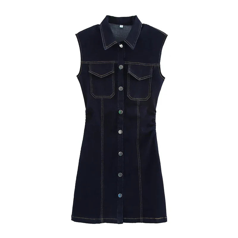 Elegant Pleated Denim Dress for Women – 2025 Chic Slim Fit Lapel Vestido with Short Sleeves & Single-Breasted Design